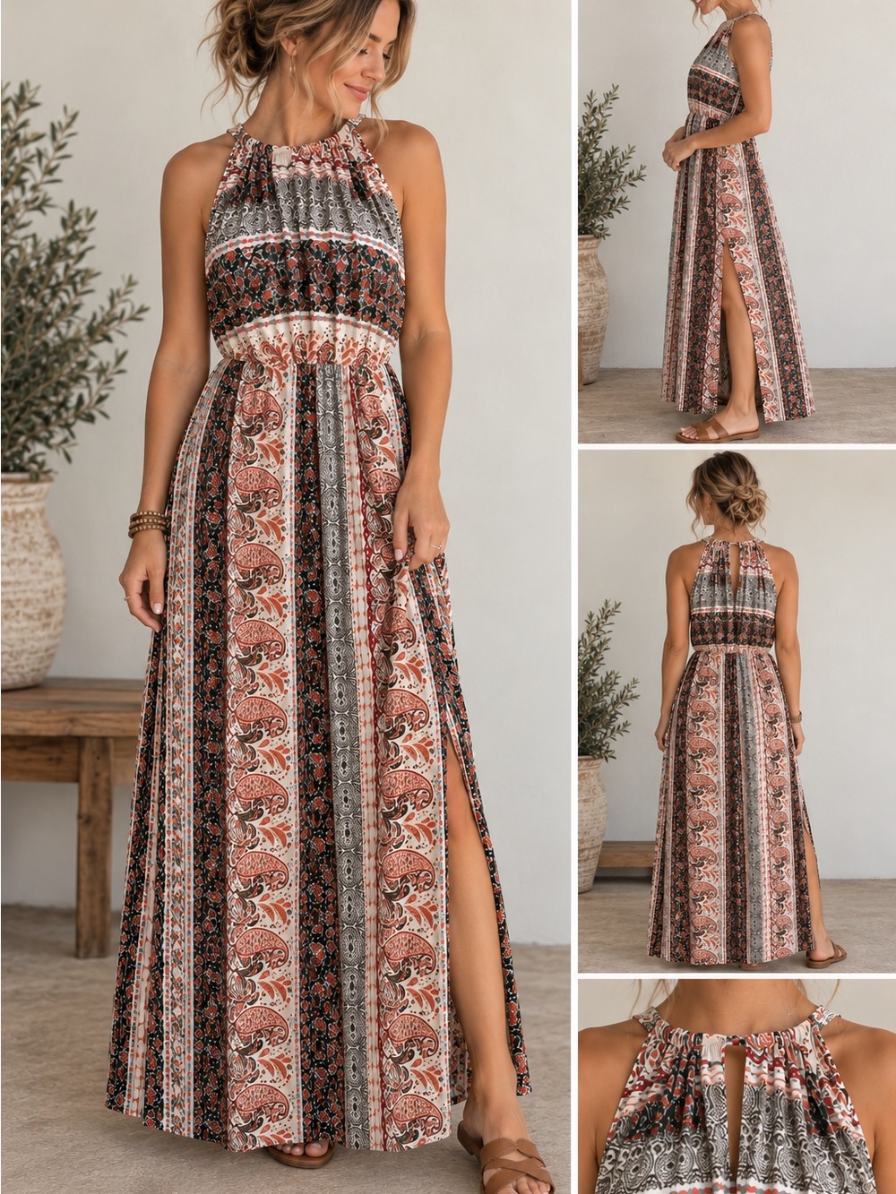 Soprano Rust & Black Paisley Halter Maxi Dress